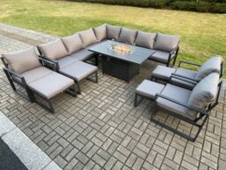 Fimous Aluminium 14 Seater Lounge Corner Sofa Outdoor Garden Furniture Sets Gas Fire Pit Dining Table Set Dark with 3 Chairs 2 Big Footstools - thumbnail 1