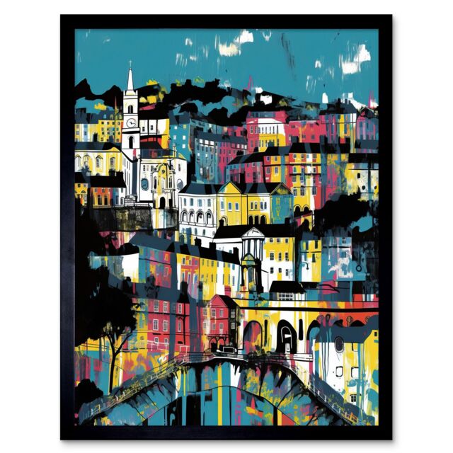 "Artery8 Wall Art Print Modern Vertical Cityscape in Blue Pink & Yellow Art Framed in Black - Size: W12"" x H16""" - image 1