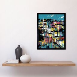 "Artery8 Wall Art Print Modern Vertical Cityscape in Blue Pink & Yellow Art Framed in Black - Size: W12"" x H16""" - thumbnail 2
