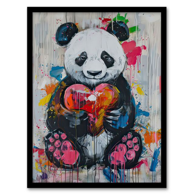 Artery8 Cute Panda with Loveheart Street Art Graffiti Pop Framed Art Print in Grey - Size: A4 - image 1