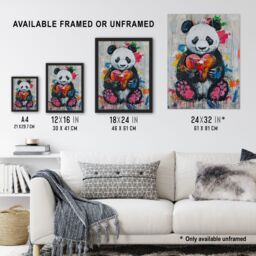 Artery8 Cute Panda with Loveheart Street Art Graffiti Pop Framed Art Print in Grey - Size: A4 - thumbnail 3