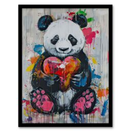 Artery8 Cute Panda with Loveheart Street Art Graffiti Pop Framed Art Print in Grey - Size: A4 - thumbnail 1