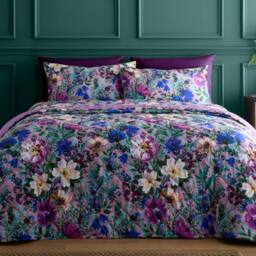 Portfolio Home Ophelia Floral Quilted Throwover Bed Throw Over Blanket 200 x 230cm in Purple - Size: 200 cm x 230 cm - thumbnail 1