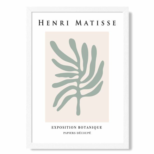 ARTZE Matisse Leaf Sage Green & Beige Exhibition Framed Print SIZE: A4 with White Frame in Pale Green - image 1
