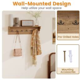VOGREX Wooden Wall Coat Rack 80cm 6 Hooks in Natural - thumbnail 4