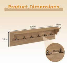 VOGREX Wooden Wall Coat Rack 80cm 6 Hooks in Natural - thumbnail 2