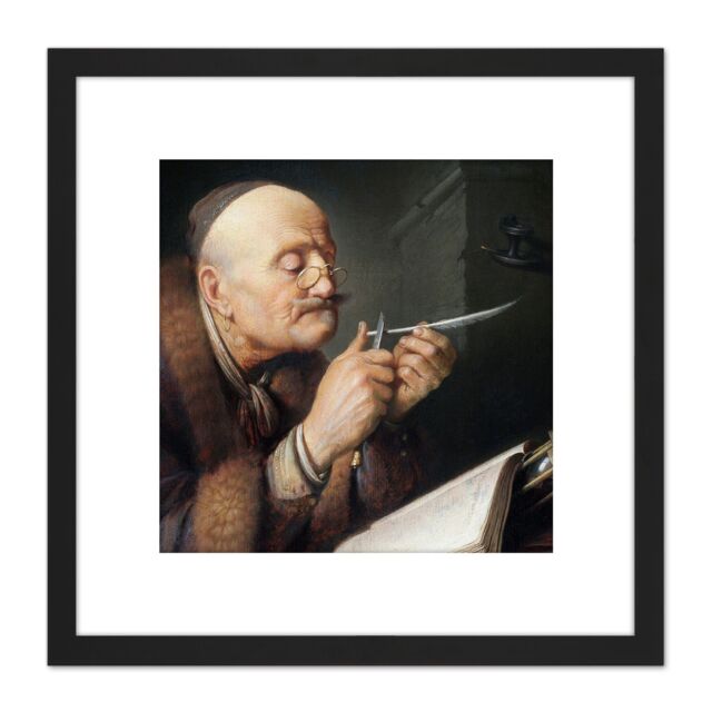 Artery8 Dou Scholar Sharpening Quill Pen Painting 8X8 Inch Square Wooden Framed Wall Art Print Picture with Mount in Black - image 1