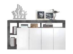 Vente-unique 4 - Door & 4 - Compartment Buffet - Glossy White & Concrete in Grey - thumbnail 1