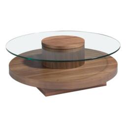 Angel Cerda Round Tempered Glass Coffee Table Walnut Veneer Legs in Brown - thumbnail 1