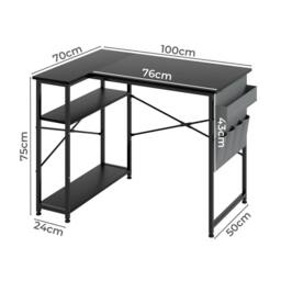 Levede L-Shaped Gaming Computer Desk 2 Storage Shelves Home Office Corner in Black - thumbnail 4
