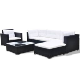 Berkfield Home 6 Piece Garden Lounge Set with Cushions Poly Rattan Black - thumbnail 3