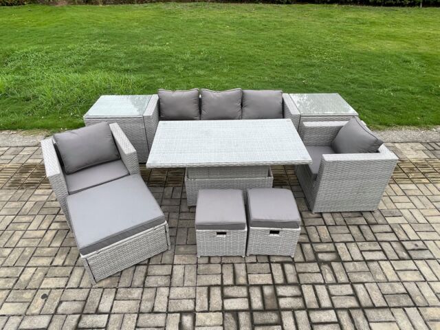 Fimous Rattan Outdoor Garden Funiture Set Height Adjustable Rising Lifting Table Sofa Dining Set with 2 Armchairs in Light Grey - image 1