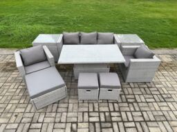 Fimous Rattan Outdoor Garden Funiture Set Height Adjustable Rising Lifting Table Sofa Dining Set with 2 Armchairs in Light Grey - thumbnail 2