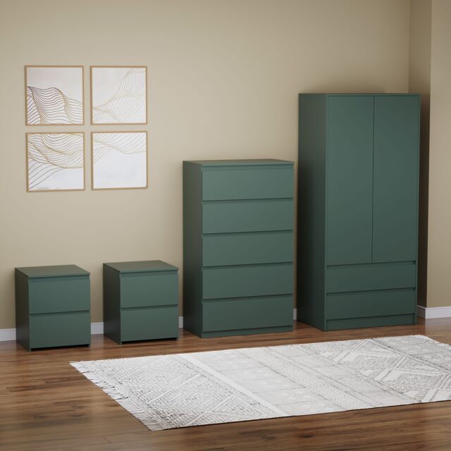 Home Discount Vida Designs Denver 4Pc Bedroom Set(2 Bedside, 5 Drawer Chest, Wardrobe) in Green