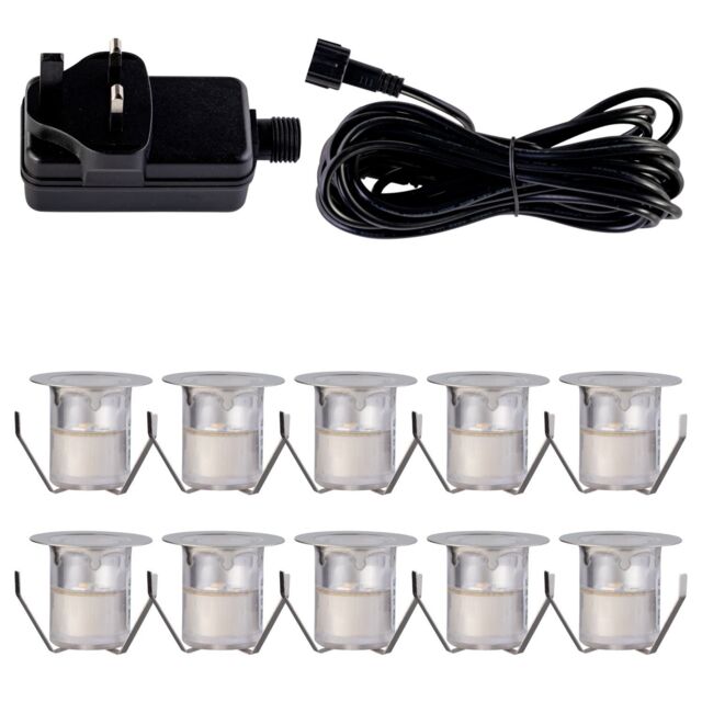 First Choice Lighting Set of 10 - 30mm Stainless Steel IP67 Warm White LED Decking Kit in Silver - image 1