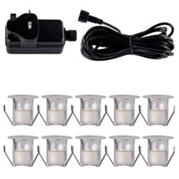 First Choice Lighting Set of 10 - 30mm Stainless Steel IP67 Warm White LED Decking Kit in Silver