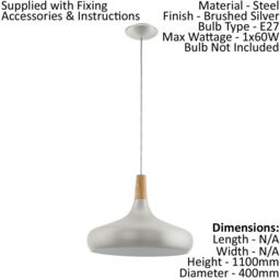 Loops Pendant Ceiling Light Colour Brushed Silver Shade Brown Wood Bulb E27 1x60W in Metallics - thumbnail 2