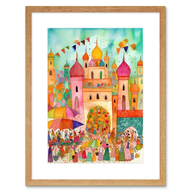"Artery8 Wall Art Print Islam Eid Al-Fitr Feast Folk Art Watercolour Painting Artwork Framed 9X7 Inch in Beige - Size: W7"" x H9""" - image 1
