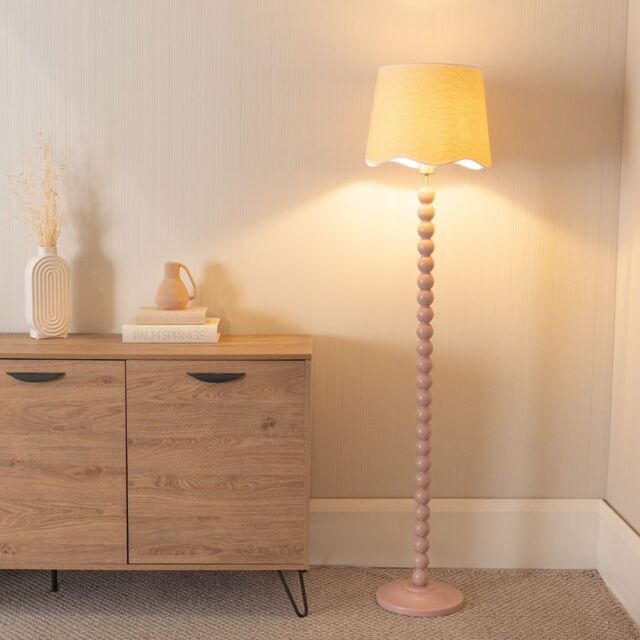 ValueLights Bobbins Painted Rose Floor Lamp with Linen Scallop White Trim Shade in Pale Pink - image 1
