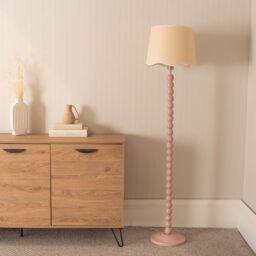 ValueLights Bobbins Painted Rose Floor Lamp with Linen Scallop White Trim Shade in Pale Pink - thumbnail 3