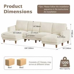 Dprodo 269cm U-Shaped Sectional Sofa in Beige - thumbnail 3