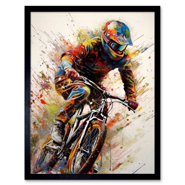 "Artery8 Wall Art Print Mountain Biker Portrait Splat Paint Action Shot Art Framed in Black - Size: W12"" x H16""" - image 1