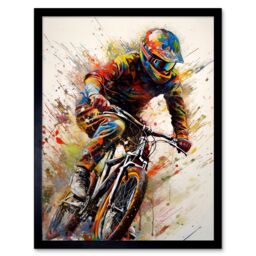 "Artery8 Wall Art Print Mountain Biker Portrait Splat Paint Action Shot Art Framed in Black - Size: W12"" x H16""" - thumbnail 1