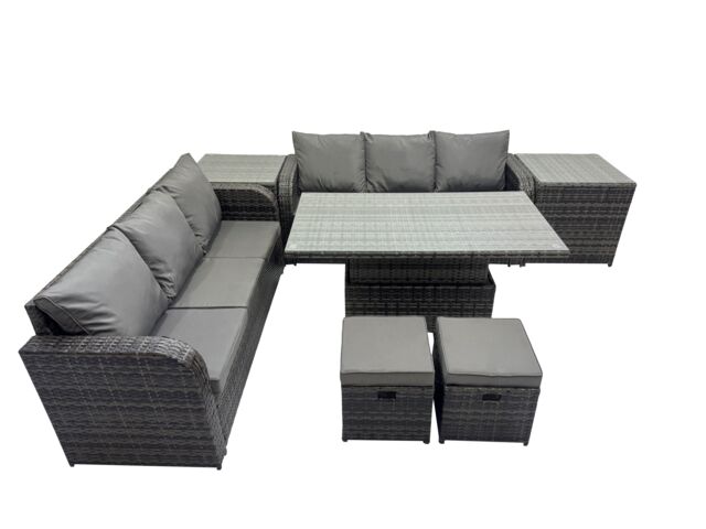 Fimous Rattan Garden Furniture Set 8-seater with 2 Side Table 2 Small Stools in Dark Grey - image 1