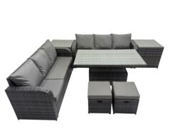 Fimous Rattan Garden Furniture Set 8-seater with 2 Side Table 2 Small Stools in Dark Grey - thumbnail 1