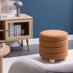 Wyld and Coco Golden-Brown Bouclé Pouffe with Pine Wood Legs in Brown - thumbnail 1