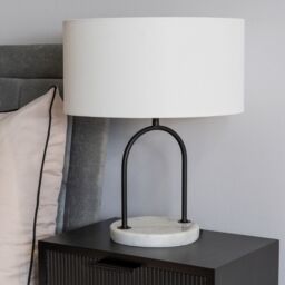 ValueLights Rachel Black Arch Marble Base Table Lamp with White Linen Lamp Shade & Bulb - thumbnail 3