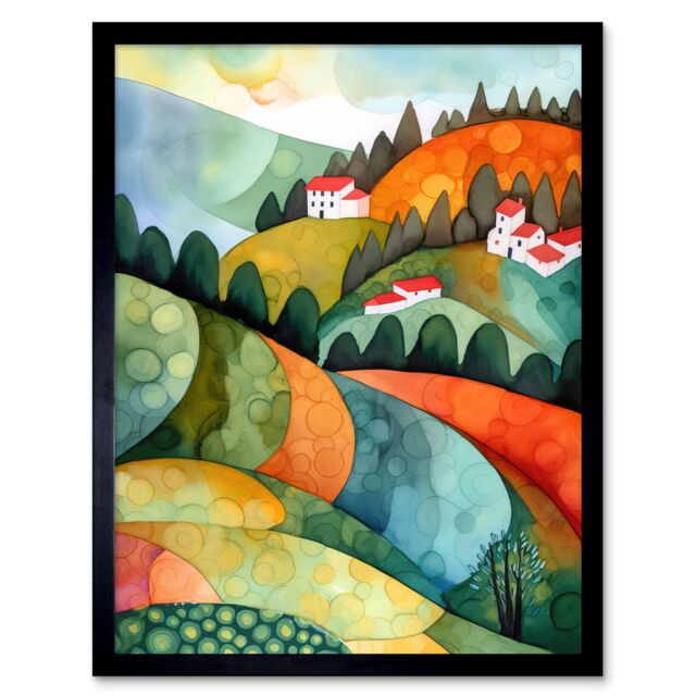 "Artery8 Wall Art Print Countryside Of Florence Italy Folk Art Framed in Black - Size: W12"" x H16""" - image 1