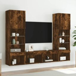 Berkfield Home 5 Piece TV Wall Units with LED Smoked Oak Engineered Wood in Brown - thumbnail 3