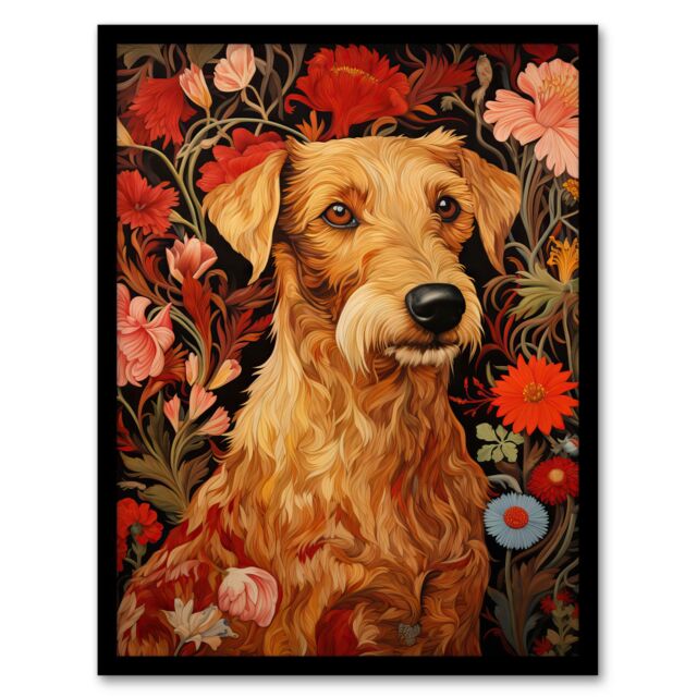 Artery8 Bright & Bold Flowers Golden Terrier Dog On Elegant Floral Backdrop William Morris Style Pattern Artwork Art Print Framed Poster Wall Decor - image 1