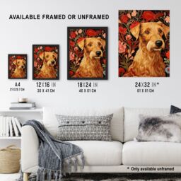 Artery8 Bright & Bold Flowers Golden Terrier Dog On Elegant Floral Backdrop William Morris Style Pattern Artwork Art Print Framed Poster Wall Decor - thumbnail 3
