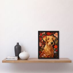 Artery8 Bright & Bold Flowers Golden Terrier Dog On Elegant Floral Backdrop William Morris Style Pattern Artwork Art Print Framed Poster Wall Decor - thumbnail 4