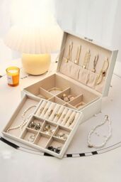 Living and Home Women's White 2-Tier PU Leather Jewellery Box with Lock