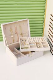 Living and Home Women's White 2-Tier PU Leather Jewellery Box with Lock - thumbnail 2