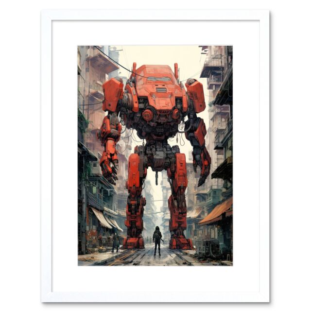 Artery8 Wall Art Print Red Mecha Robot in City Street Anime Sci-Fi Artwork Giant Humanoid Machine Fantasy Science Fiction Artwork Framed 9X7 Inch - image 1
