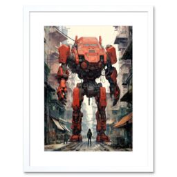 Artery8 Wall Art Print Red Mecha Robot in City Street Anime Sci-Fi Artwork Giant Humanoid Machine Fantasy Science Fiction Artwork Framed 9X7 Inch - thumbnail 1