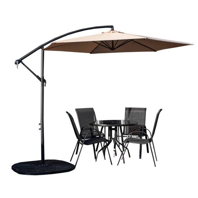 Samuel Alexander Outdoor 4 Person Round Glass Top Garden Dining Table Chairs With Banana Parasol & Base in Beige - image 1