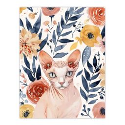 "Artery8 Sphynx Cat Lover Floral Watercolour Portrait Wall Art Print - Size: W12"" x H16""" - thumbnail 1