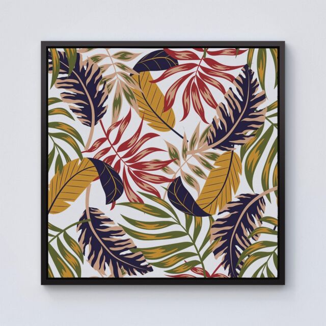 Warren Reed - Designer Hawaiian Style Jungle Leaves Framed Canvas in Black - Size: w10 inch x h10 inch - image 1
