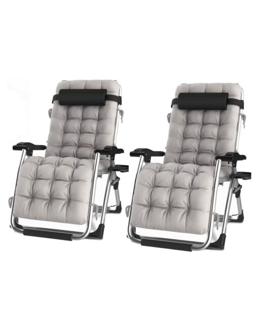 Groundlevel Pair of Luxury Gravity Garden Sun Lounger / Relaxer Chair with Cushion in Grey - image 1