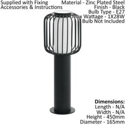 Loops IP44 Outdoor Pedestal Light Black Steel 1 x 28W E27 Bulb Wall Gate Lamp - thumbnail 2
