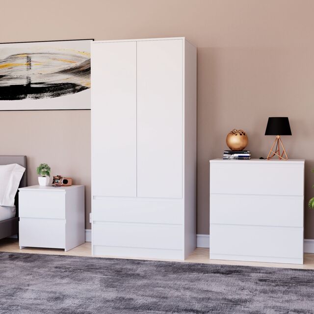 Home Discount Vida Designs Denver Bedroom Set (2 Dr Bedside, 3 Dr Chest, Wardrobe) in White - image 1