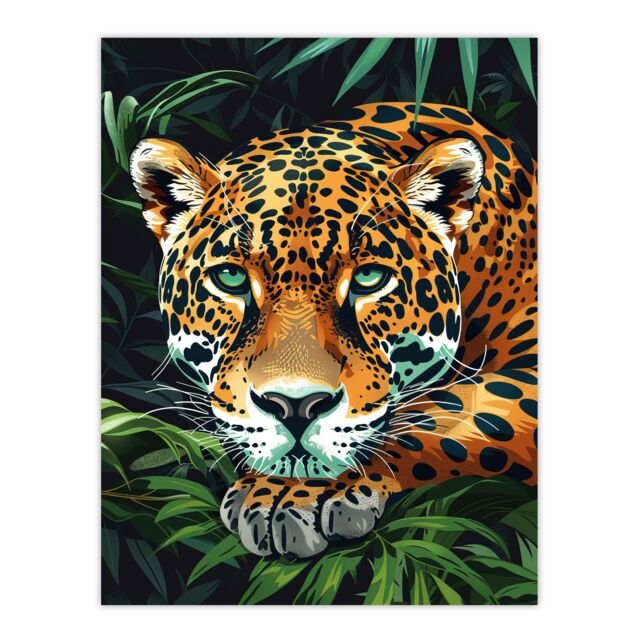 "Artery8 Resting Jaguar In Lush Jungle Animal Portrait Wall Art Print in Green - Size: W18"" x H24""" - image 1