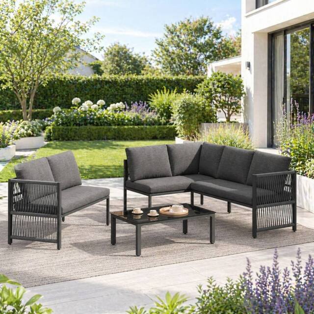 Merax 6 Seater L-Shaped Garden Sofa Set with Tempered Glass Coffee Table in Grey - image 1