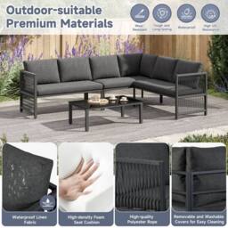 Merax 6 Seater L-Shaped Garden Sofa Set with Tempered Glass Coffee Table in Grey - thumbnail 9