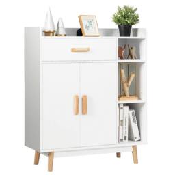 Costway Wooden Bookcase Shelf Display Storage Unit Organiser Cupboard Sideboard Cabinet in White - thumbnail 1